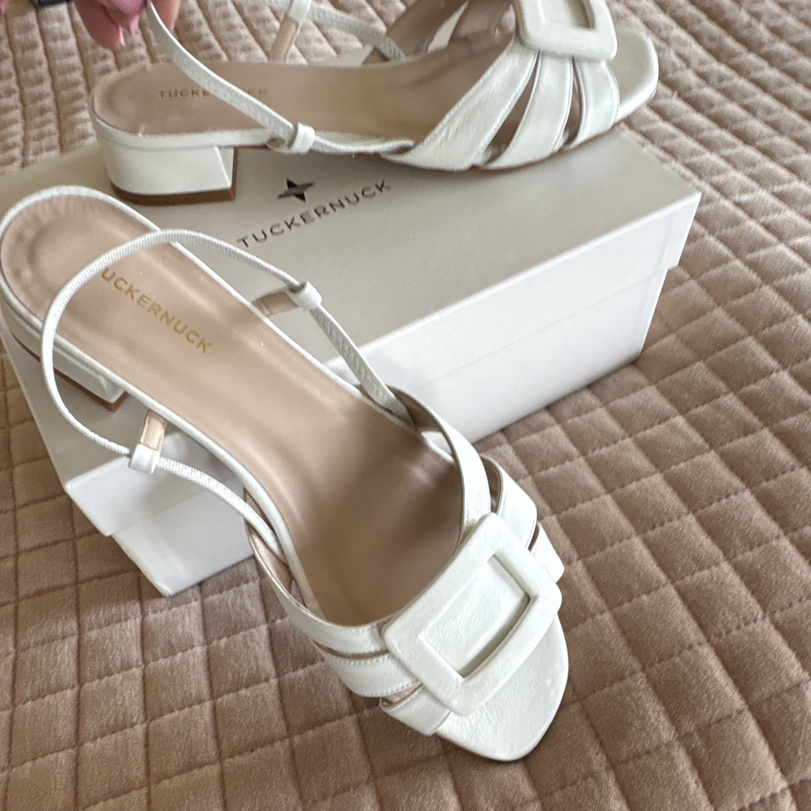 Tuckernuck Women’s White Leather Strappy Buckle Open Toe Block Heel, 10