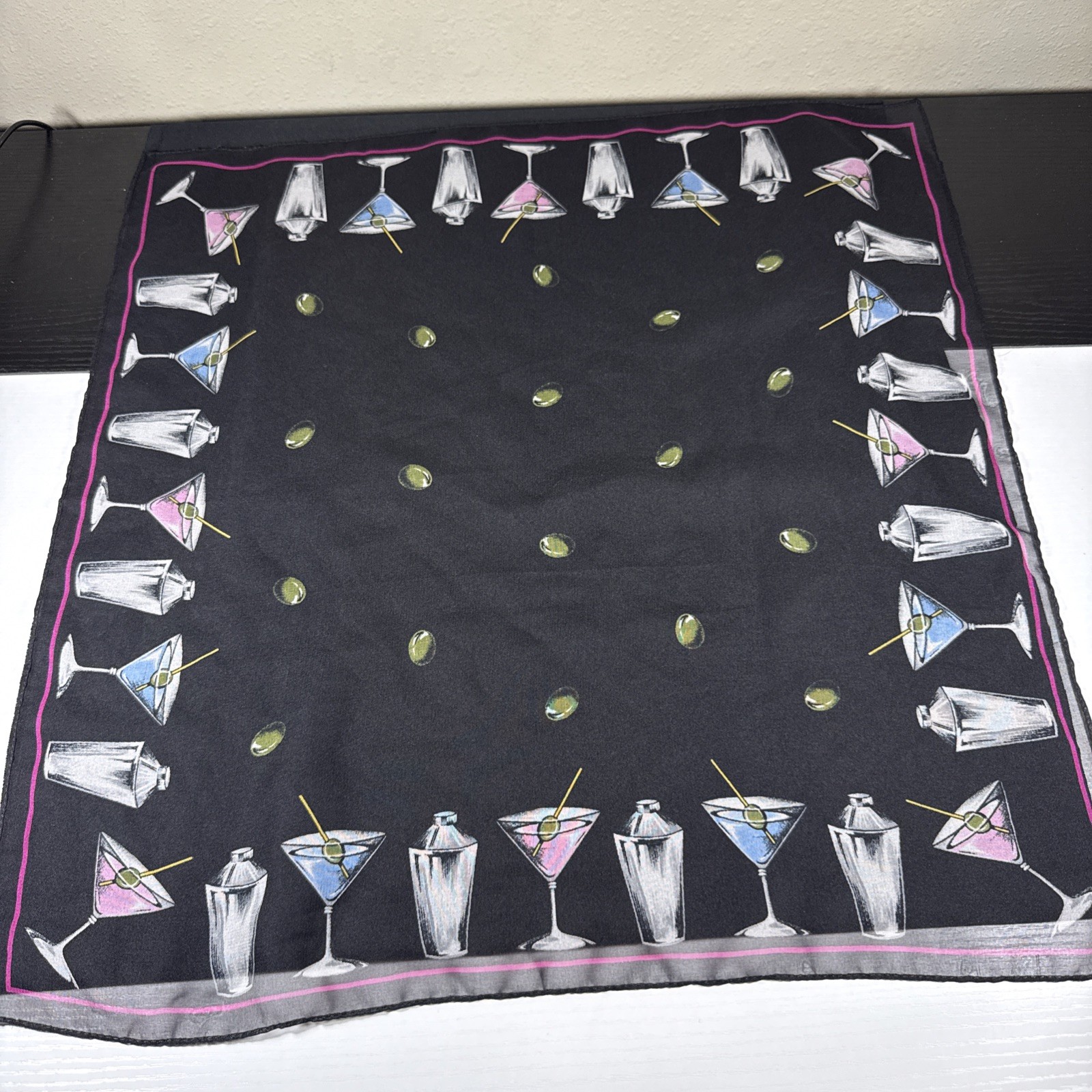 Martini Glass Shakers Olive Print Square Scarf Black Pink Blue Cocktail Retro