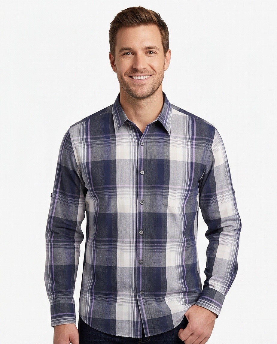 Perry Ellis Mens Button Up Shirt M Blue Gray Plaid Long Sleeve Cotton Casual