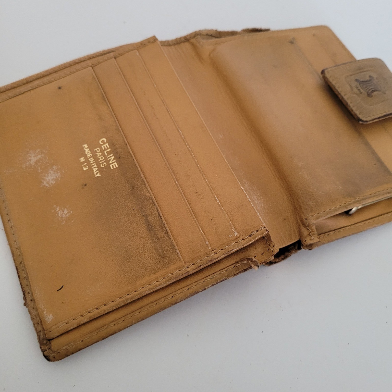 Vintage Celine Macadam Triomphe Bifold Wallet Brown Monogram Kiss Lock Italy M13