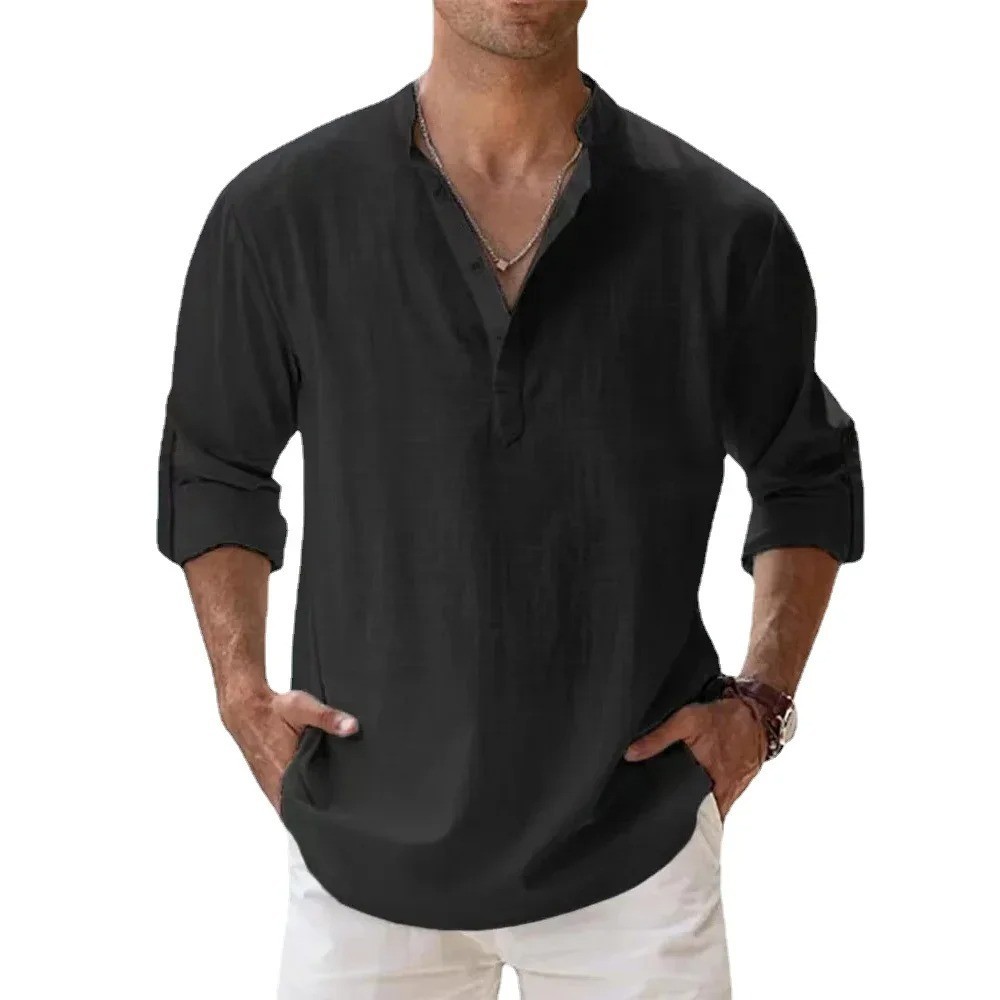 Men’s Cotton Linen Henley Shirt Summer Casual Beach Hawaiian Style Vacation Wear
