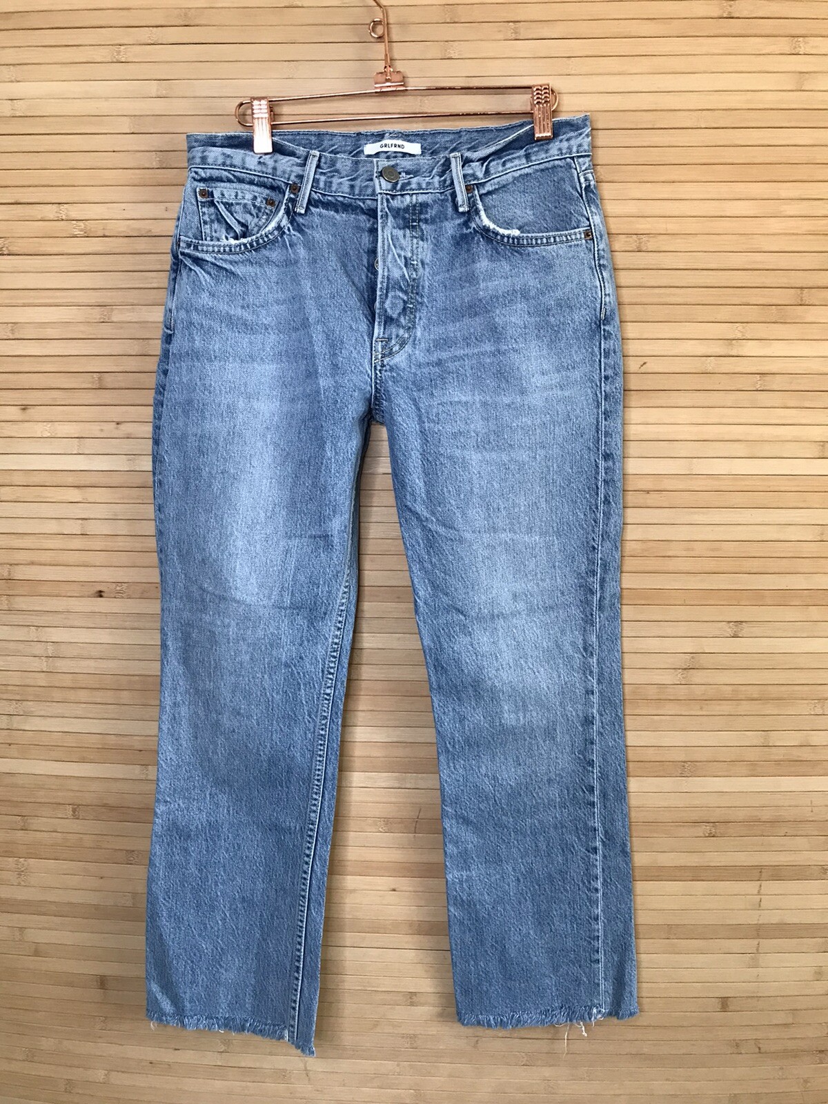 Grlfrnd Jeans 28 Tatum Crop Raw Hem Straight Leg Medium Wash High Rise