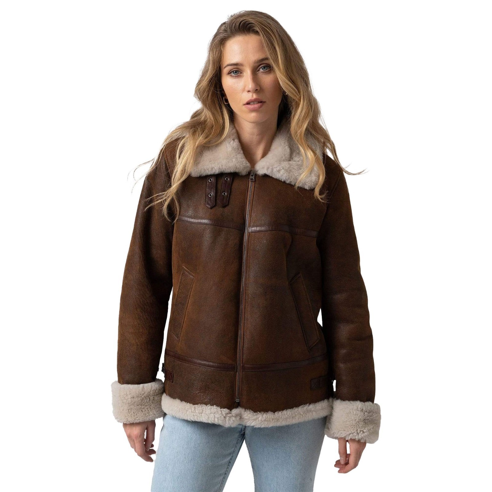 Women’s Real Leather Jacket Brown Shearling Aviator Fur Bomber Coat B3