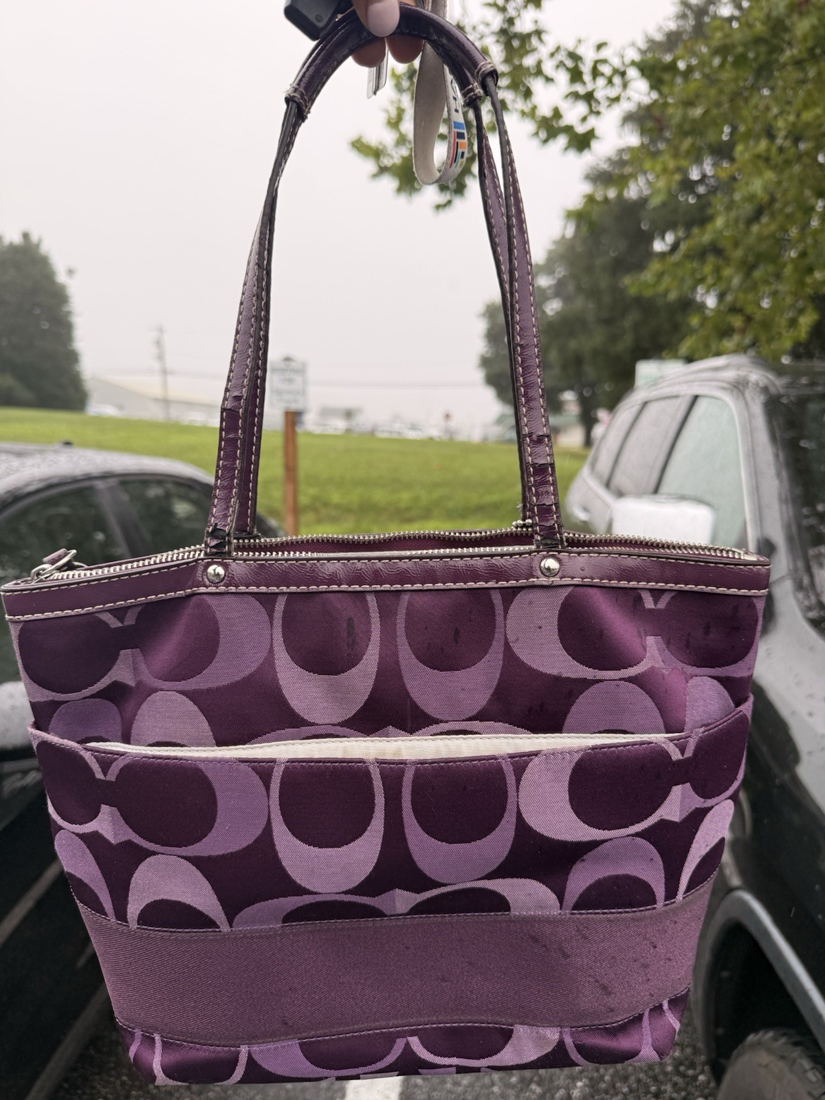 Coach Purple Signature Tote Zip Top Double Handles Inner Pockets Lined Charm