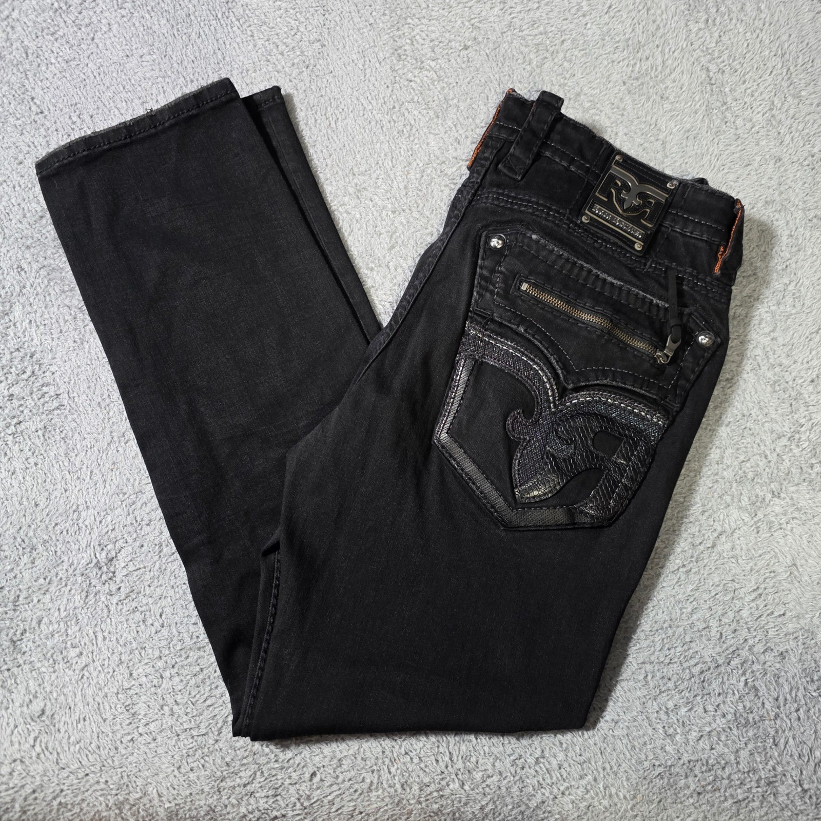 Rock Revival Mens 38 Roman Alt Straight Black Embellished Zipper Pockt Jeans Y2K