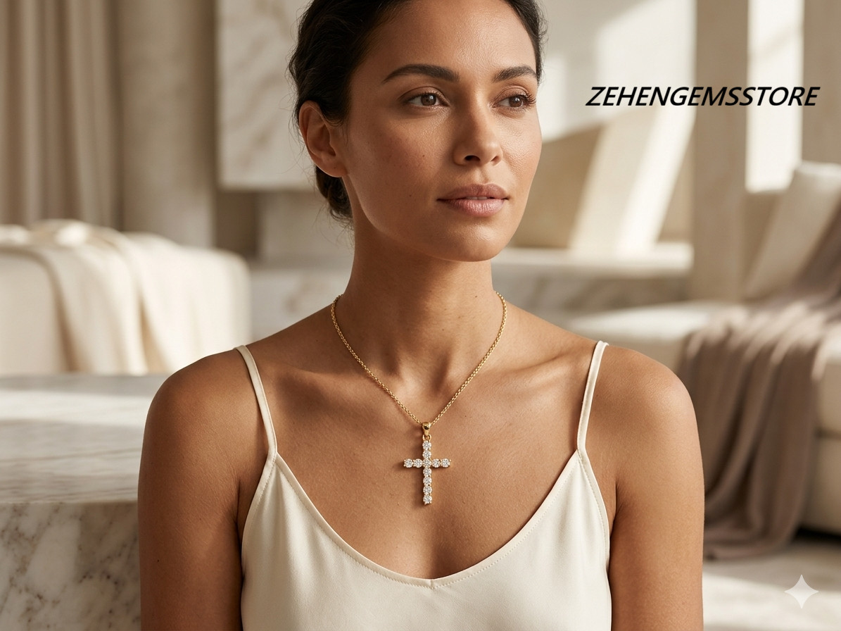 Lab created Sterling Silver Gold Plated Cross Pendant Necklace Cubic Zirconia CZ
