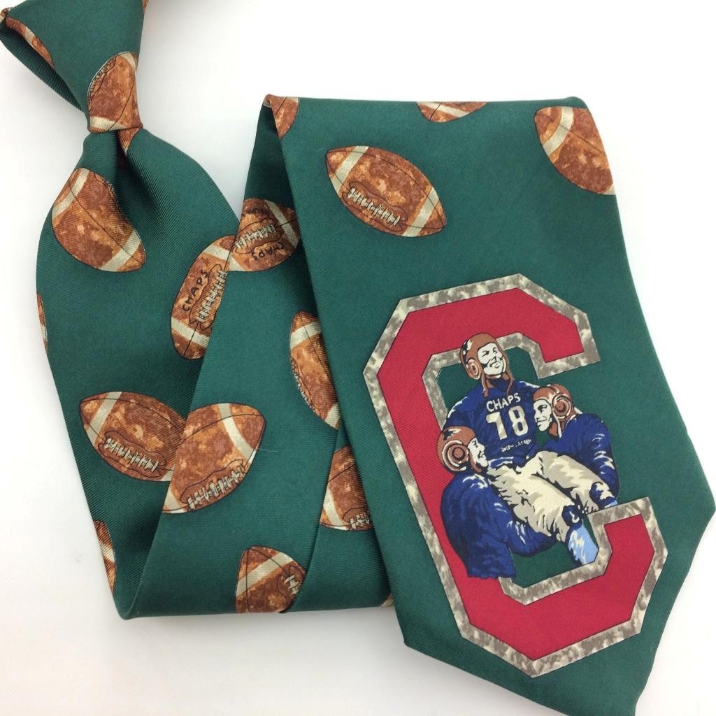Chaps Ralph Lauren Tie Green Brown Silk Football Theme Sports Player #I24 Rare