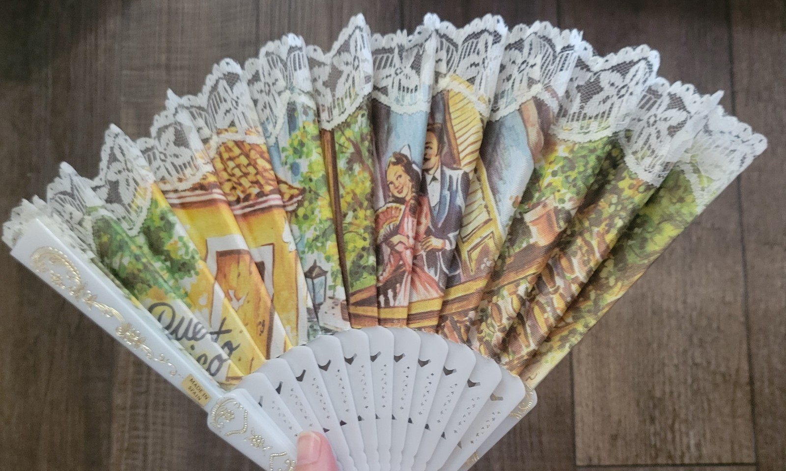 Spanish Folding Hand Fan Lace/Fabric/Plastic Fan Lovely Made In Spain Love Scene