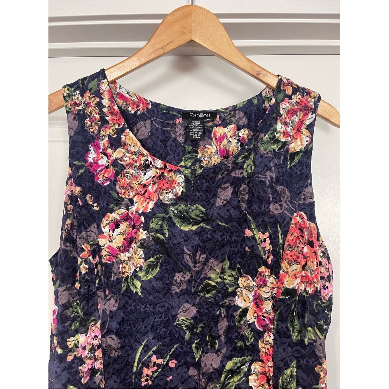 Papillon Navy Floral Sleeveless Midi Dress with Pink & Green Accents Flowy Lace
