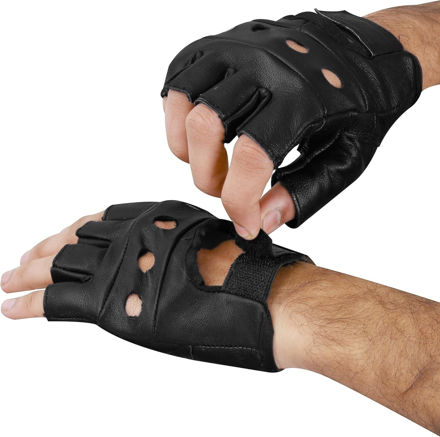 Men’s Fingerless Leather Gloves w/Gel Padded Palms – Driving, Motorcycle Riding