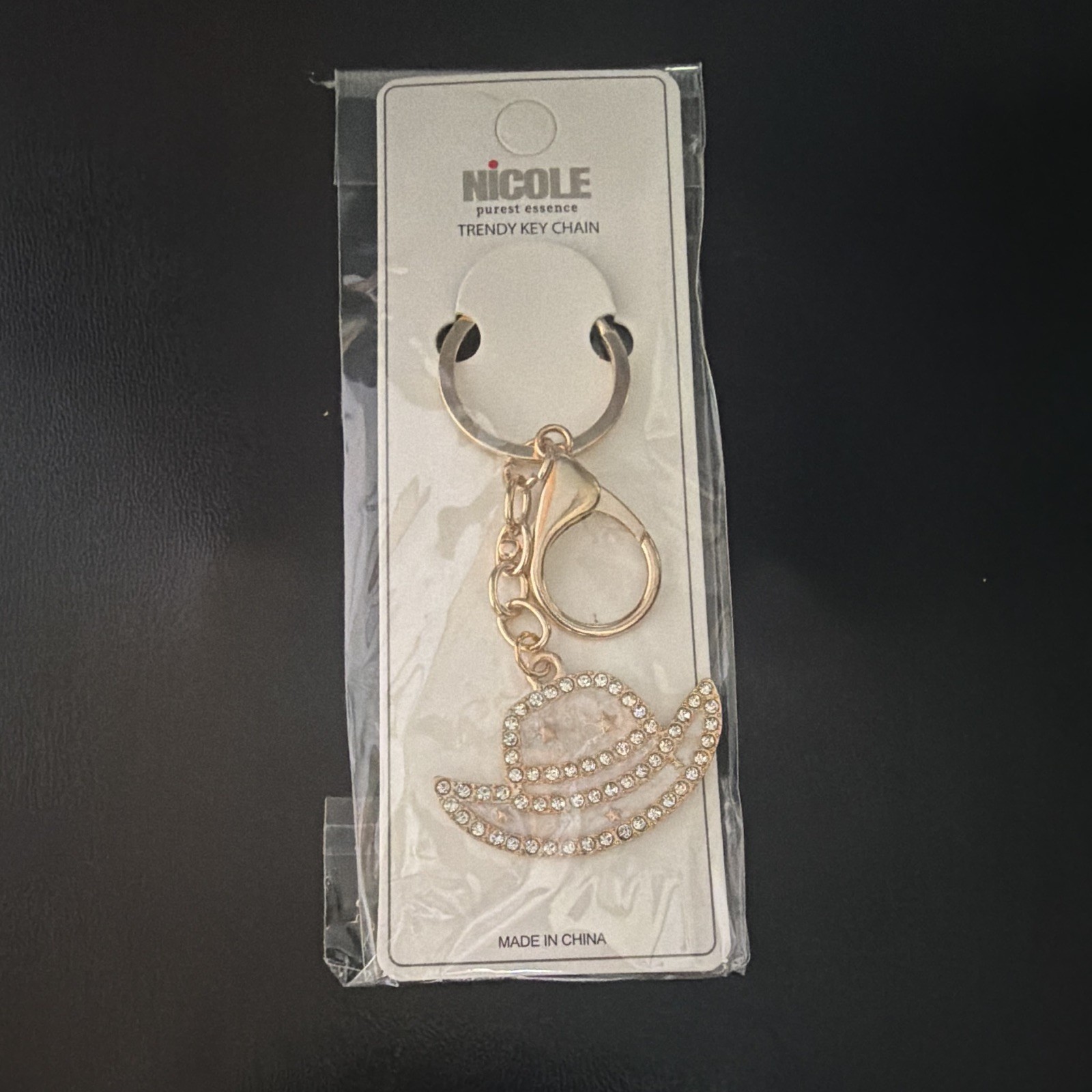 Nicole Key Chain Gold Tone Metal Rhinestone Hat Charm Clip Hook, Clear Stones