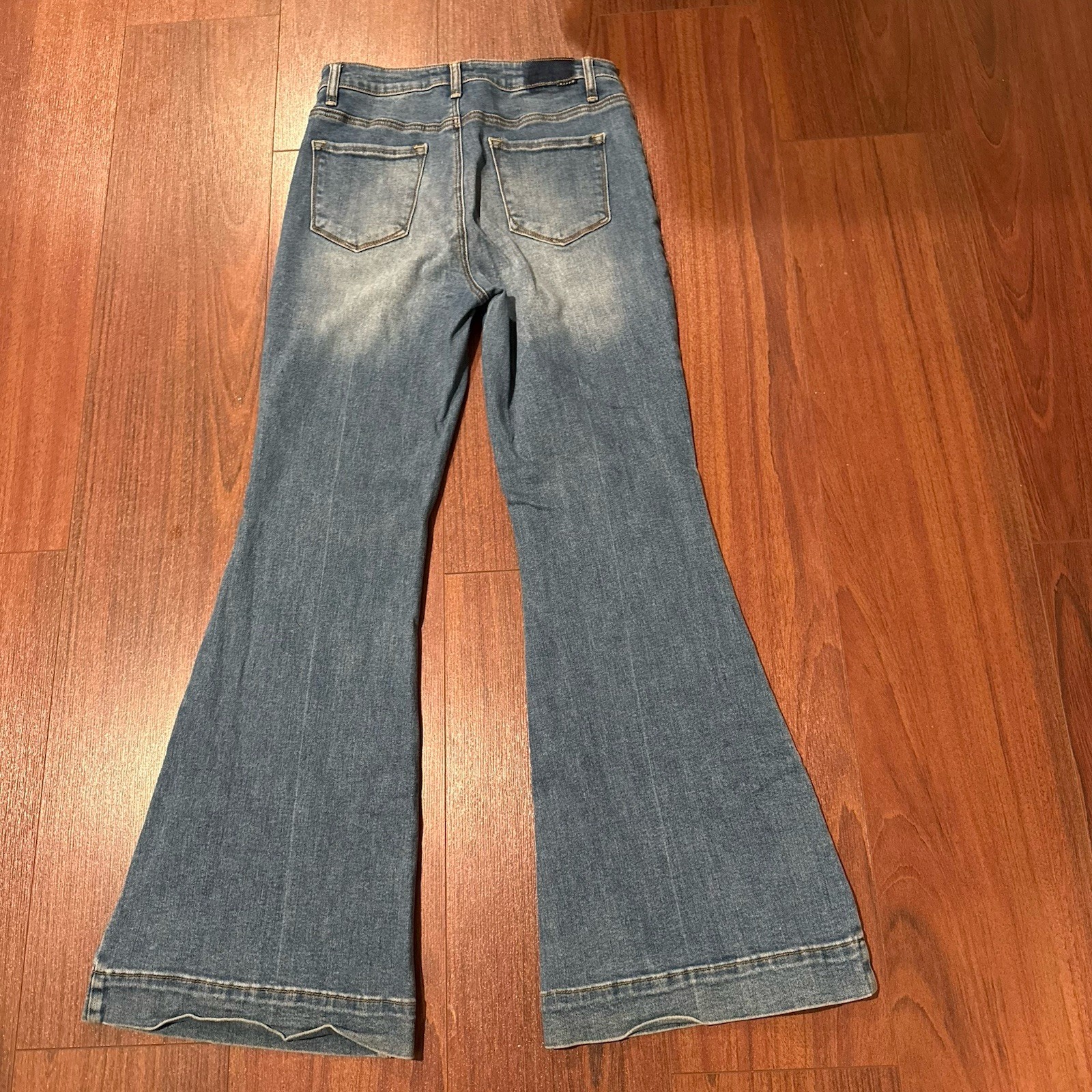 Risen Jeans High Rise Front Slit Frayed Flare Distressed Blue Denim Sz 11/30
