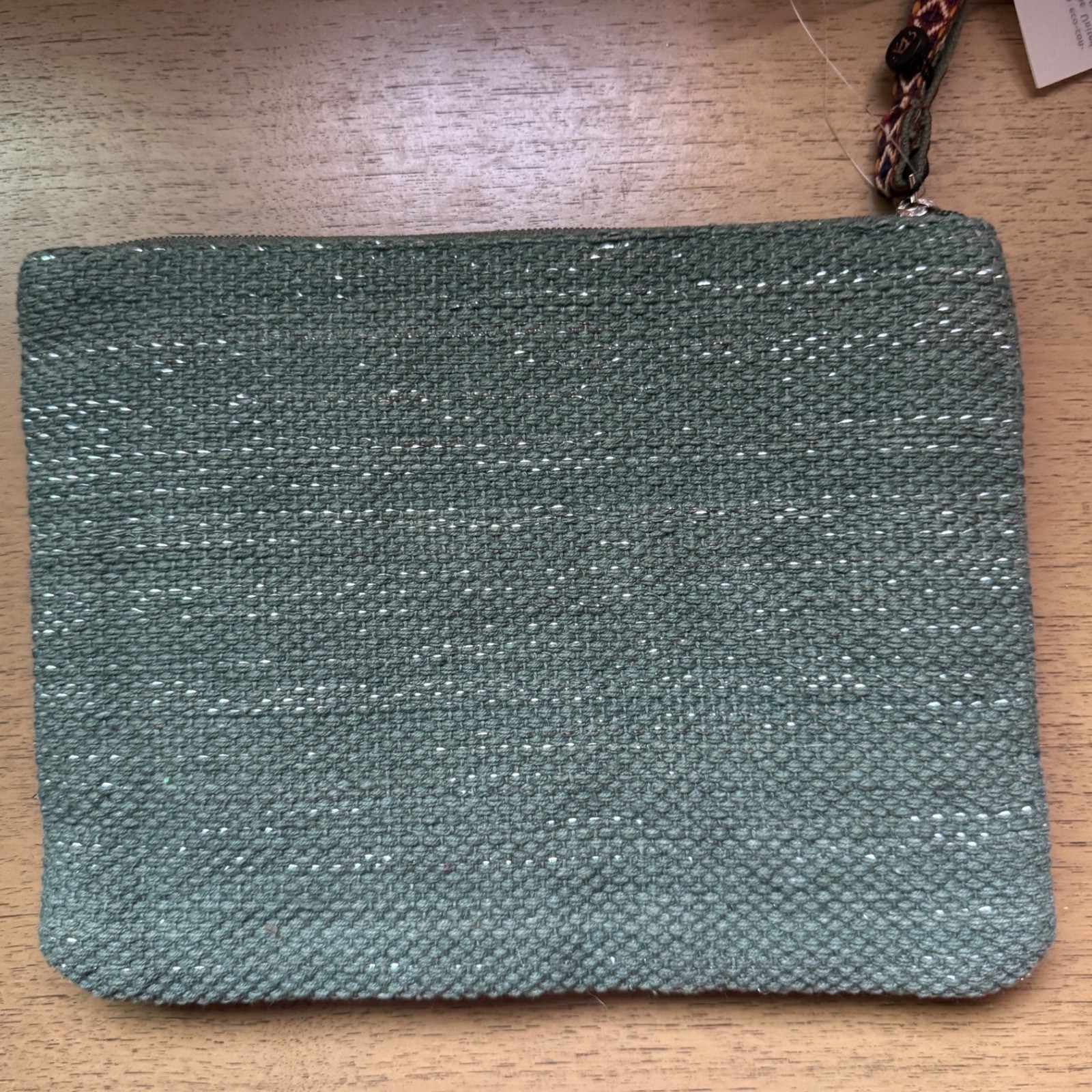 America & Beyond Love Beaded Floral Wristlet Clutch Bag Olive Green Canvas NEW