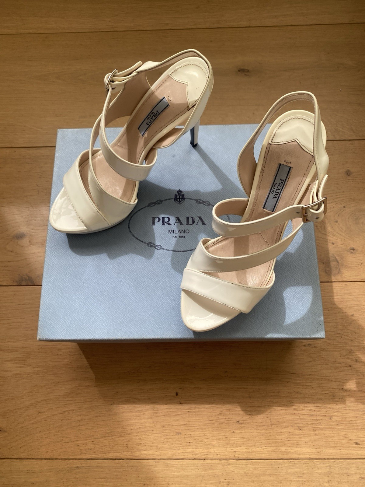 PRADA Leather Stiletto Strappy Sandals Heels 12cm in Bianco/cream 37.5 Aus 6.5