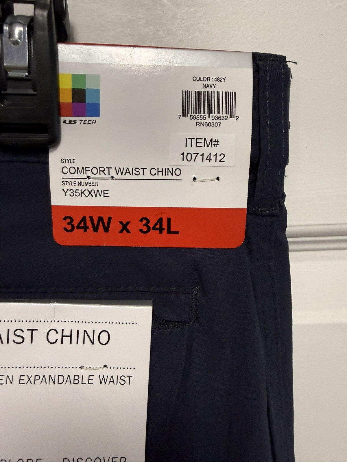 UB Tech Pants Mens Size 34×34 Blue Comfort Waist Chino Stretch UPF 50 Travel NEW