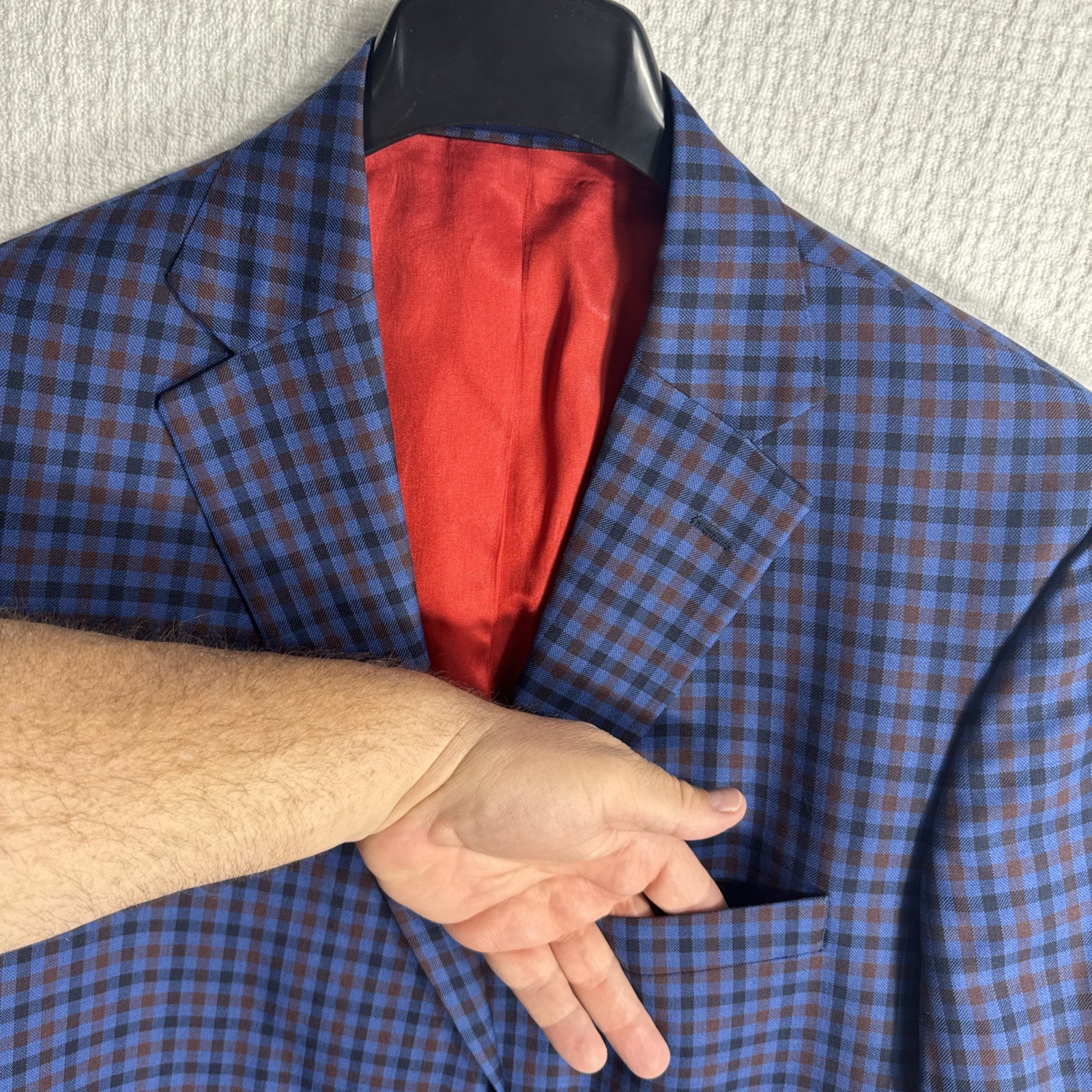 @Hole Tom James Corporate Image Bespoke 44S Slim Blue Gingham Shortened Arms