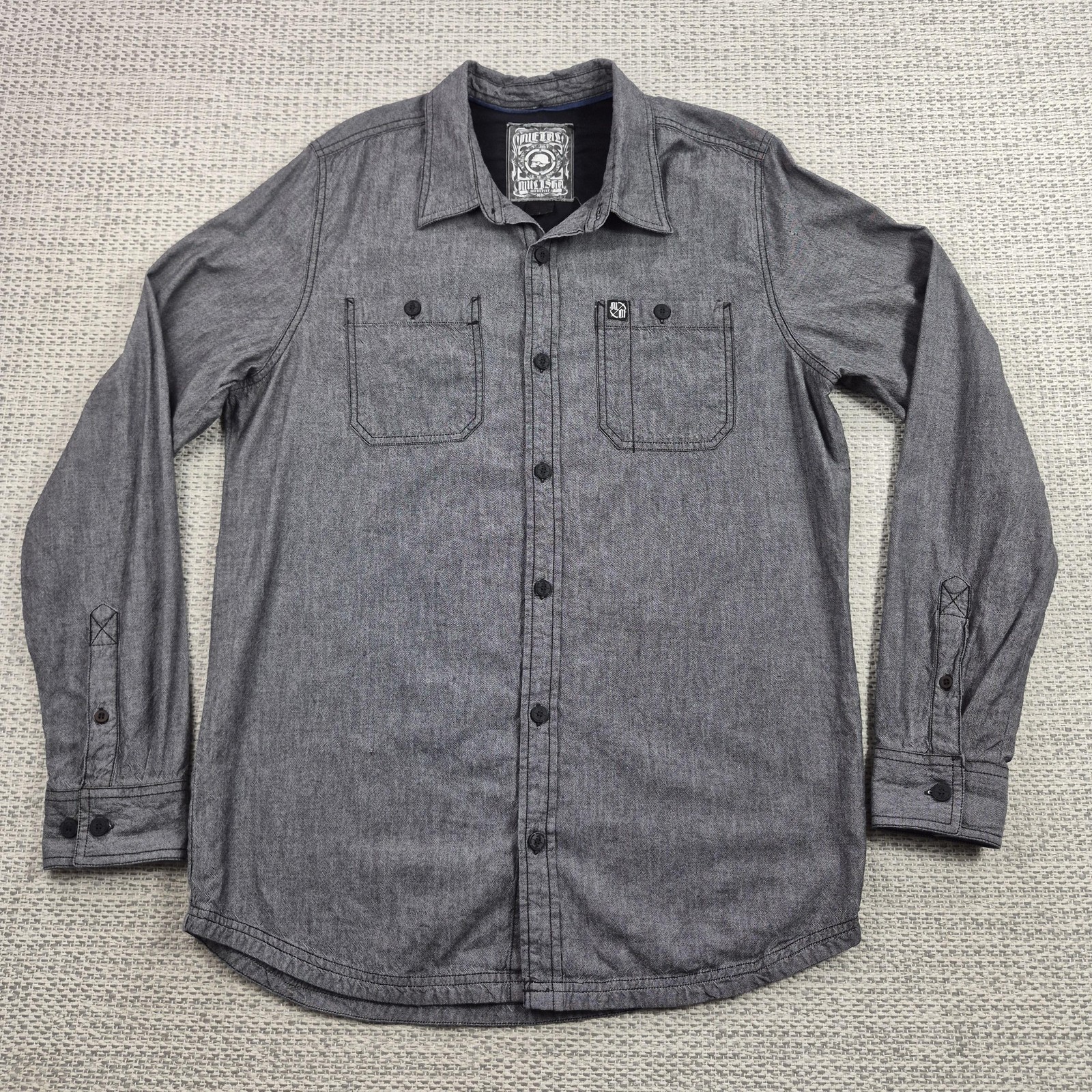 Metal Mulisha Button Up Shirt Mens Large Gray Herringbone Long Sleeve Casual