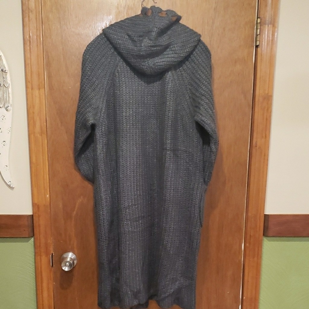 POL Gray Knit Cardigan Duster with Brown Ribbon Accents And Elbow Patches.