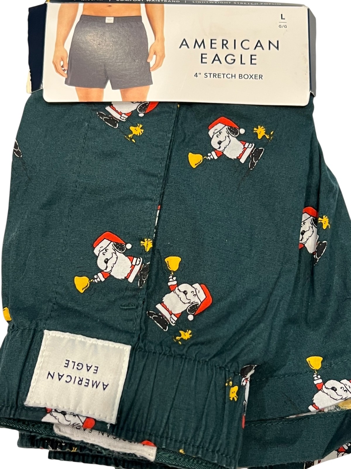 NWT AMERICAN EAGLE Stretch Boxer Sz XS-S-L-XL Green Red Santa Snoopy #42