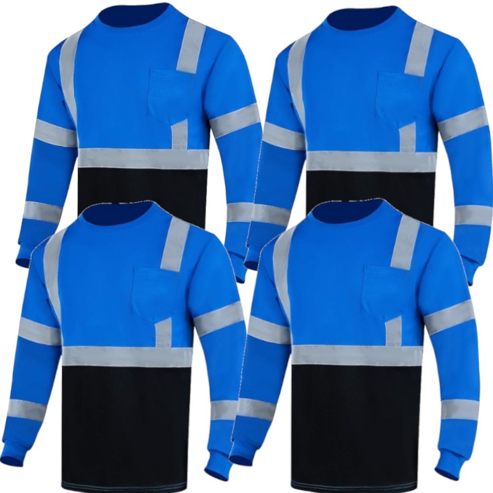 4 pack Hi-Vis Safety Workwear Long Sleeve Shirt Top Reflective Two Tone Blue