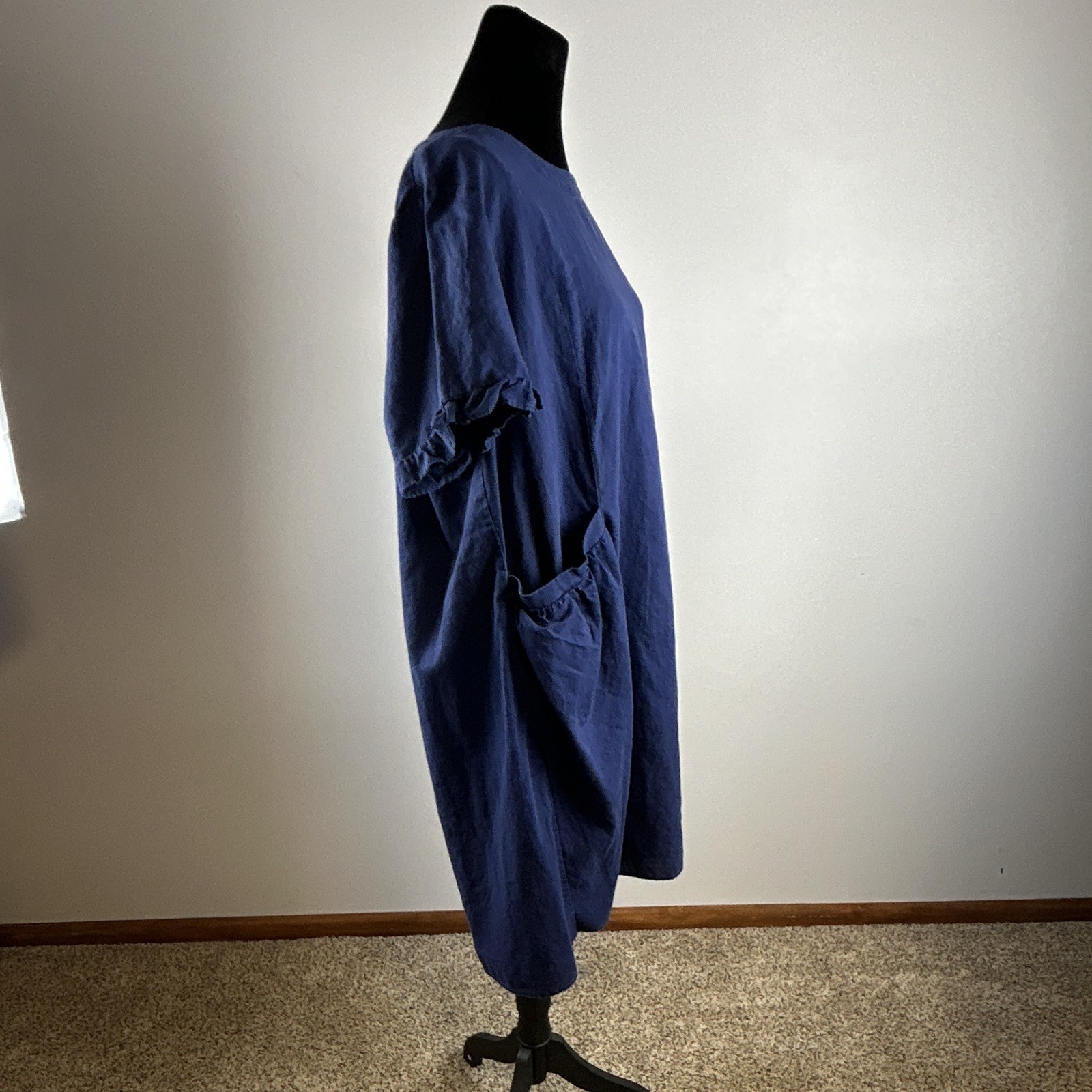 Cre Coton Women’s Blue Solid Woven Linen/Cotton Boat Neck Shift Pockets XL