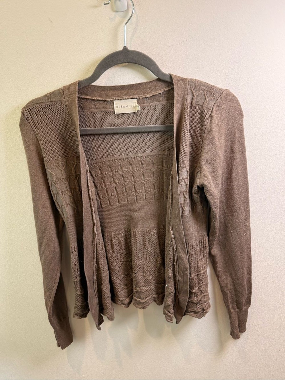 Dreamers Taupe Open Front Peplum Knit Cardigan Size Small Boho Cottagecore