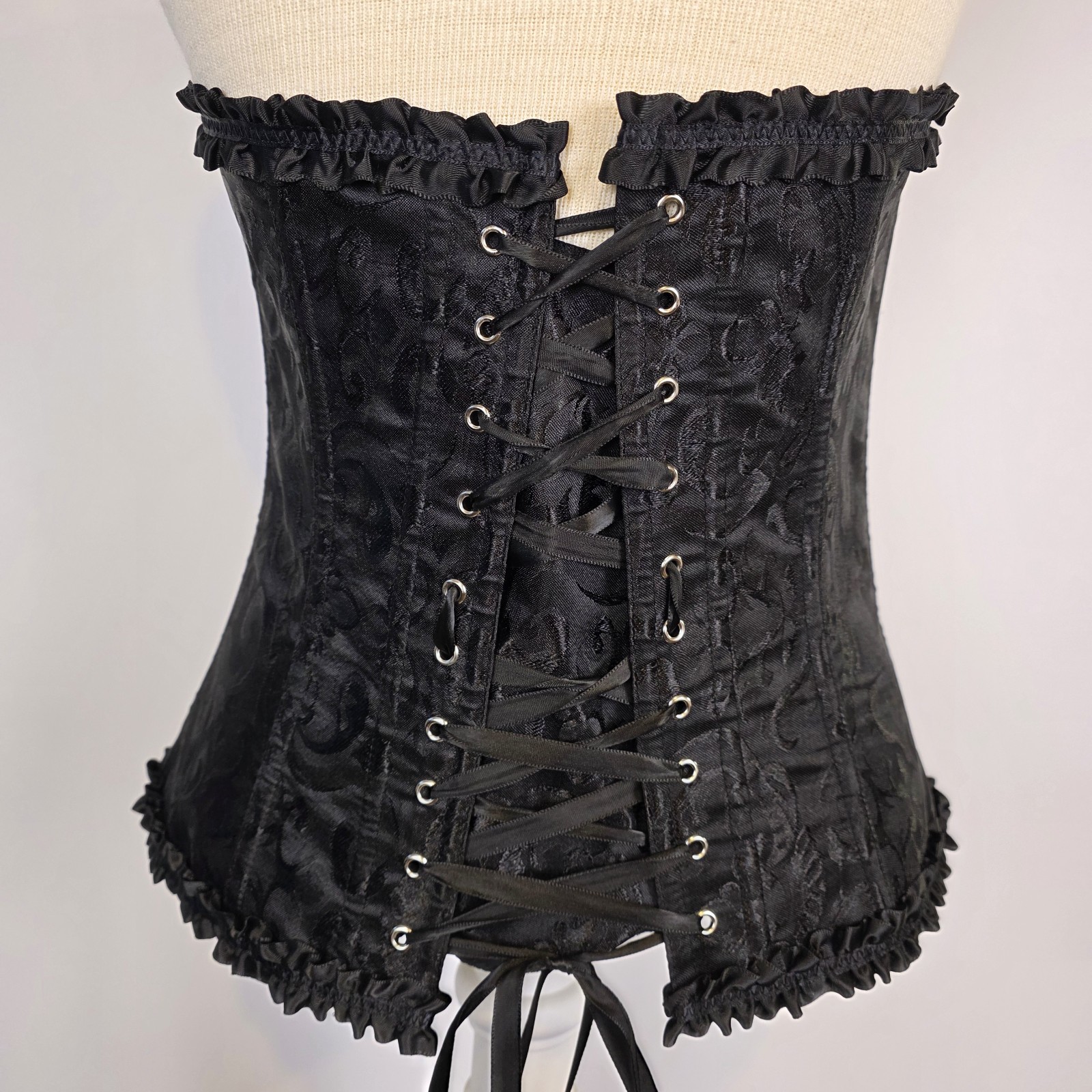 Black Lace-Up Corset Bustier Boned Gothic Steampunk Ruffle Trim Size M Victorian