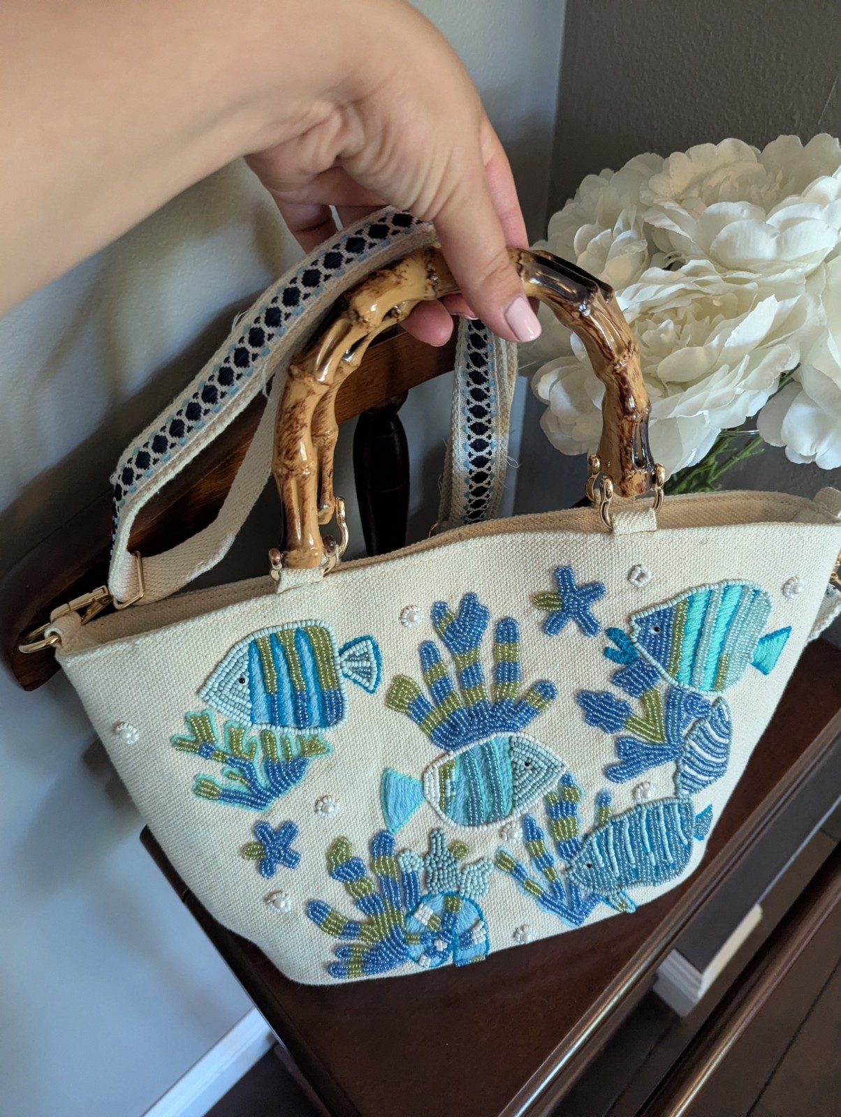 Soleil Mer Fish Embroidered Beaded Top Handle Bag Bamboo, Detachable Strap