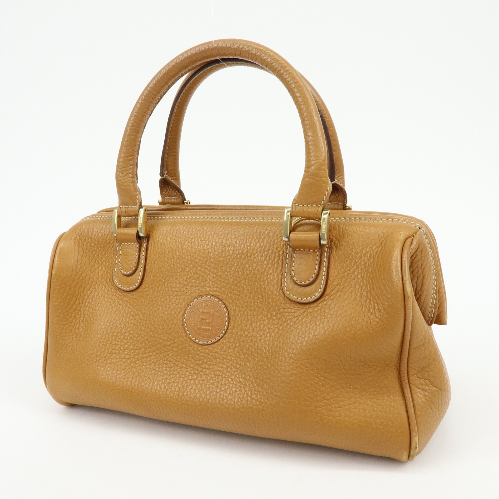 FENDI FF Logo Leather 2Way Bag Hand Bag Boston Bag Camel Authentic Used F/S