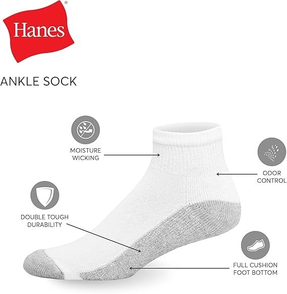 Hanes Men’s Ankle Socks, 14 Pairs, Double Tough 6-12, White – 14 Pair