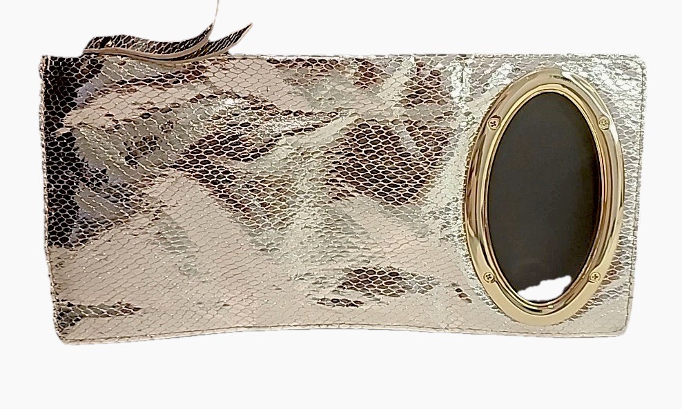 IMAN Metallic Metal Mesh Mini Clutch Silver Zippered Side Open Logo Metal Pull