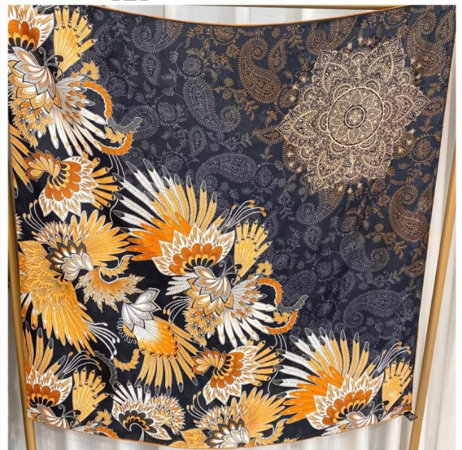 19 Momme jacquard Silk Scarf Hualuo Square Bandana Blue bird Print Shawl 42”