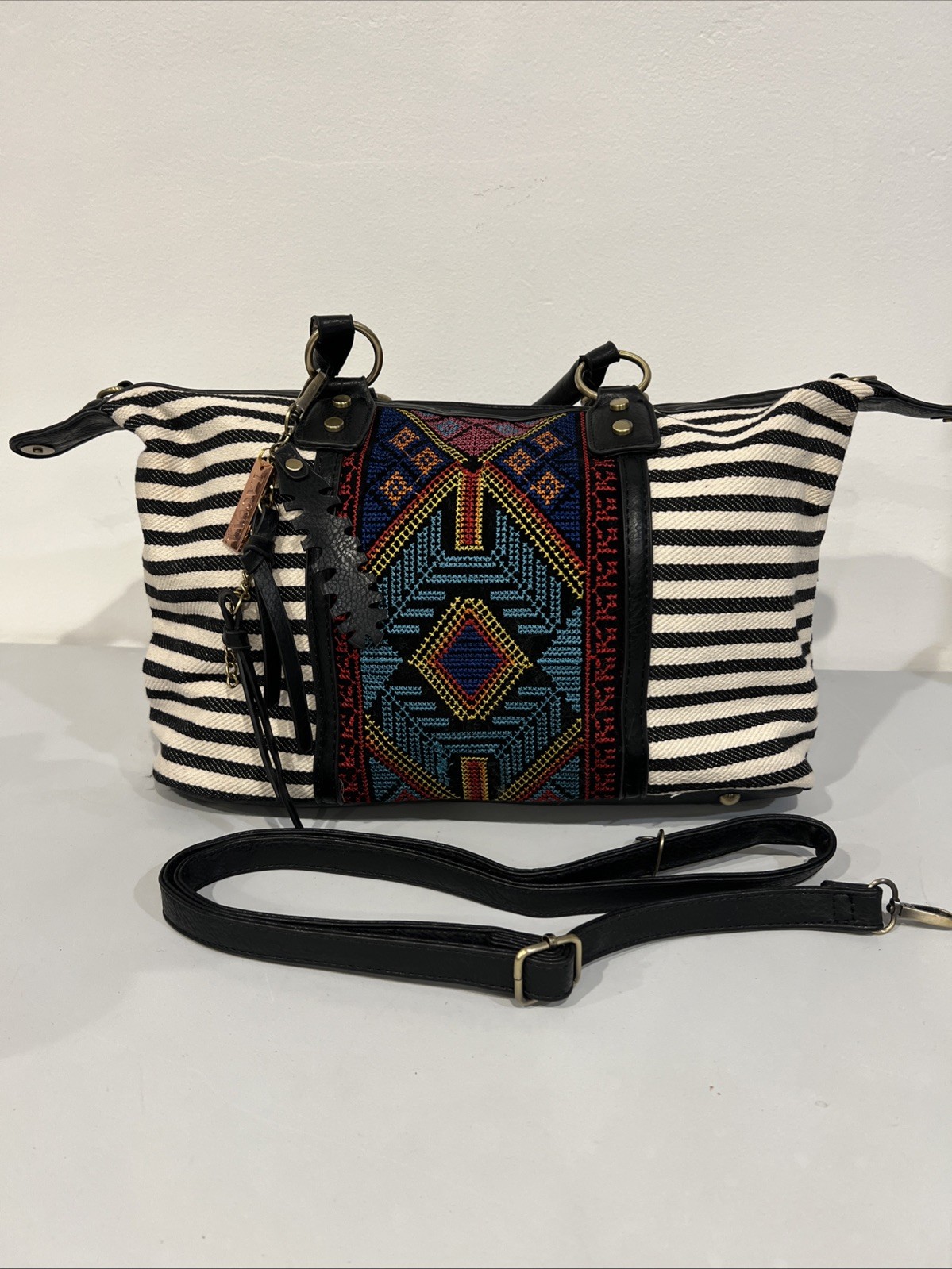 LACONA Aztec & Stripe Boho Tassel Leaf Charm Embroidered Canvas Purse