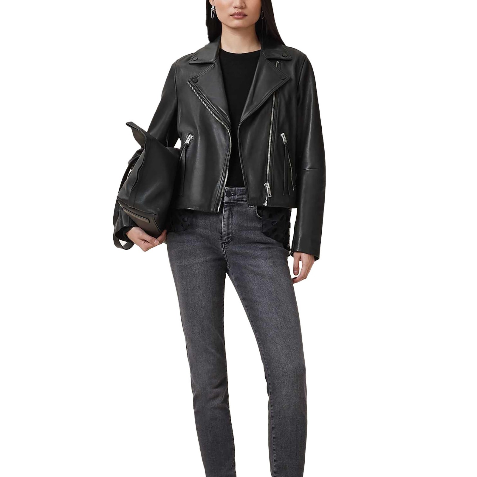 Women Real Leather Jacket Black Biker Moto Asymmetric Zip Up Motorcycle Coat
