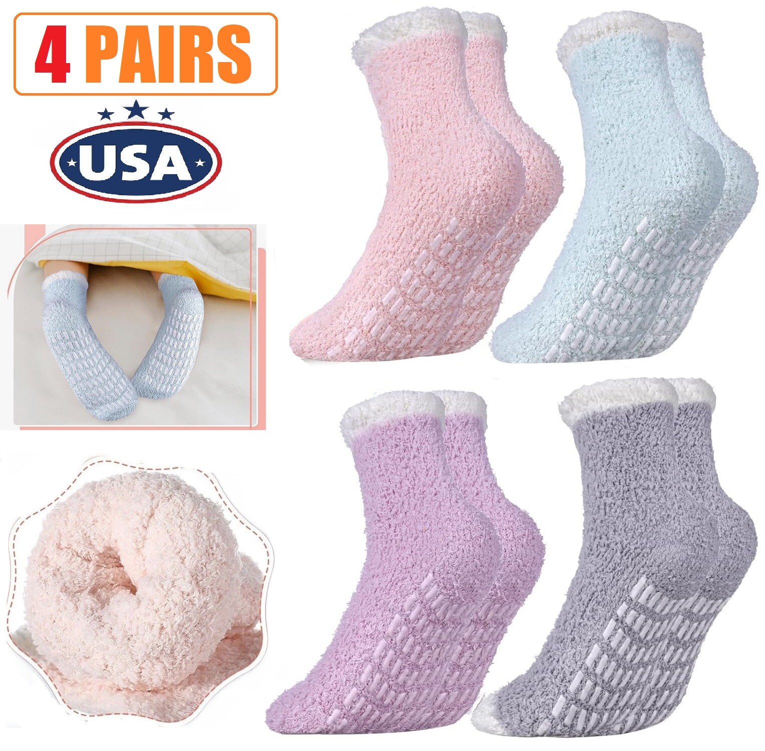4 Pairs Non Slip Fuzzy Socks Cozy Hospital Grips Socks Soft Fluffy for Women USA