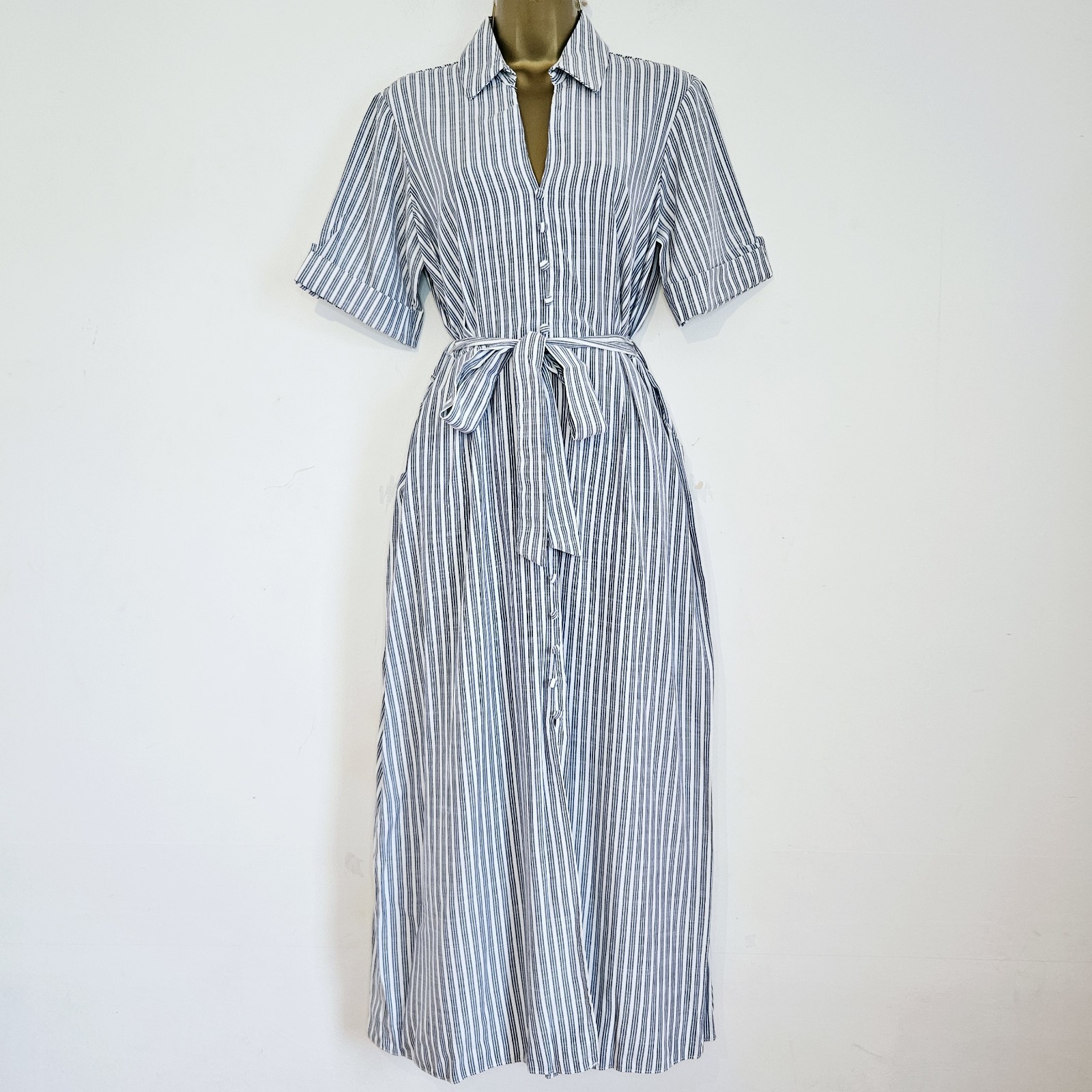 NEW Ex ROMAN 10-22 Striped Button Front Belted Blue White Midi Shirt Dress