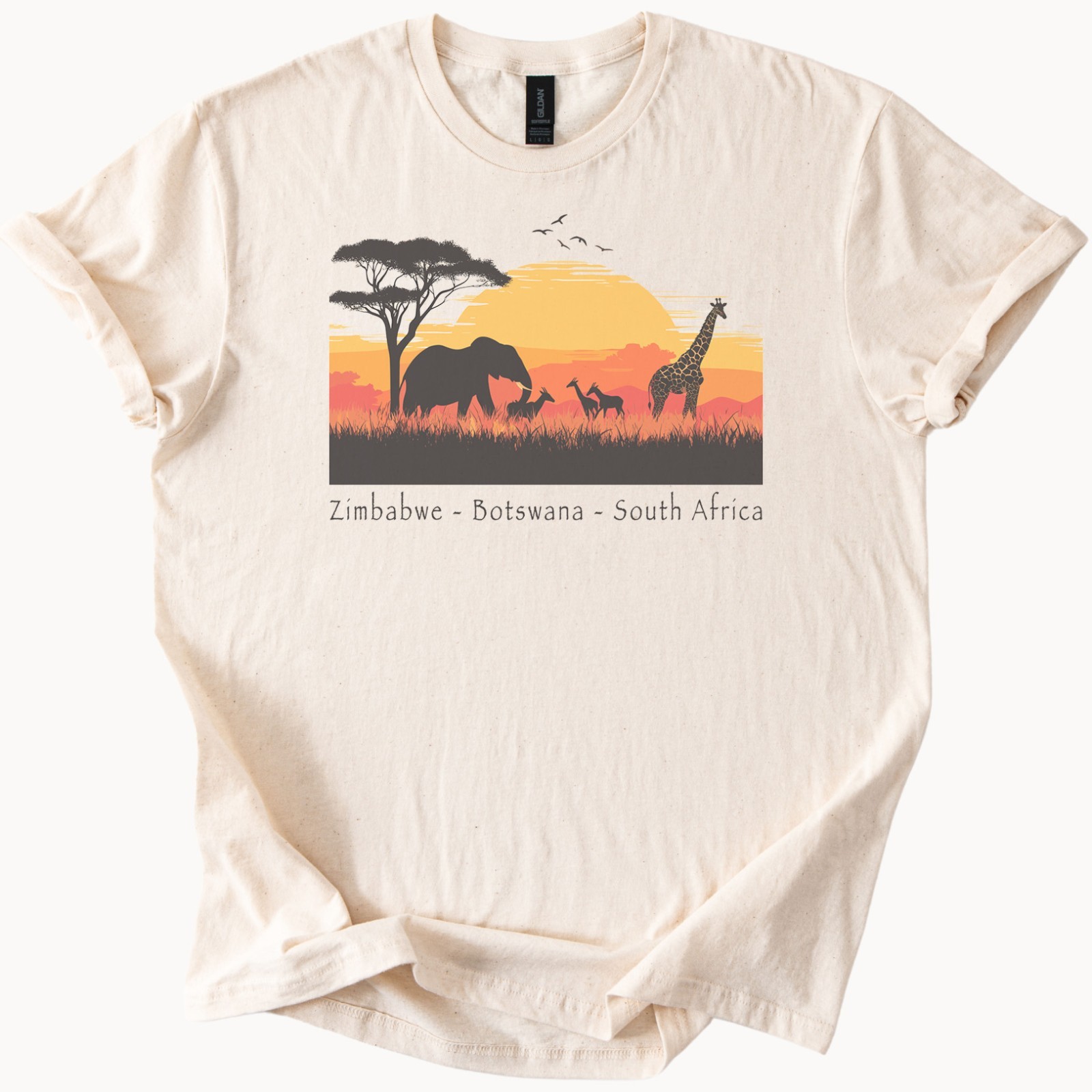 Safari Animal Graphic Shirt Elephant Giraffe Sunset Art Zimbabwe Botswana