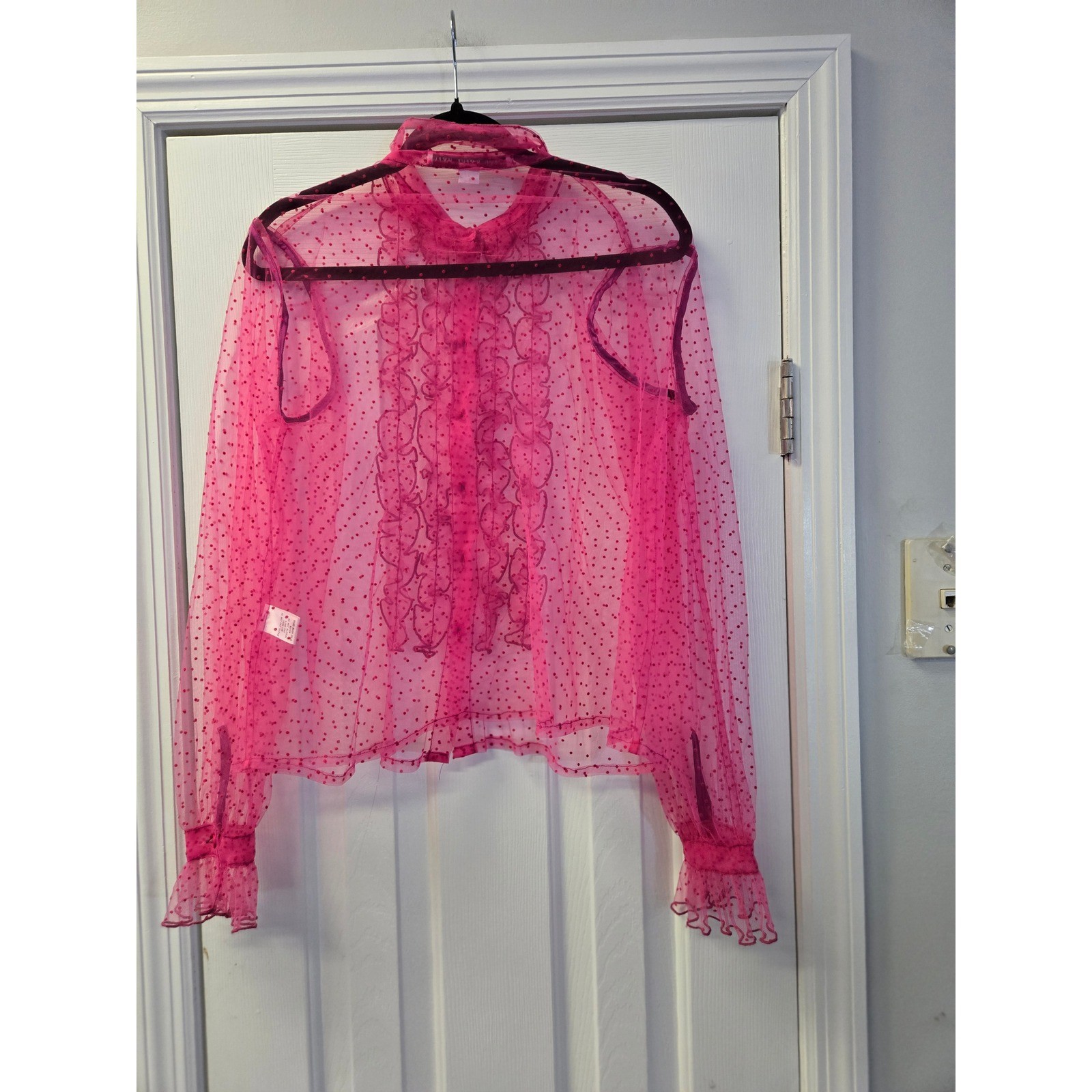 Hot Pink Sheer Mesh Polka Dot Ruffle Button Down Blouse M Medium Barbiecore