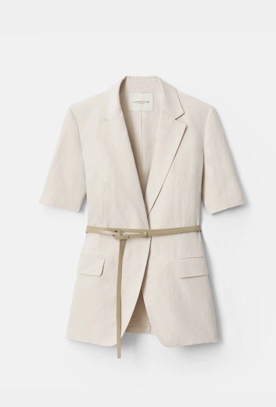 Lafayette 148 New York Silk Linen Blazer Women’s Size 14 Belted Jacket Pearl