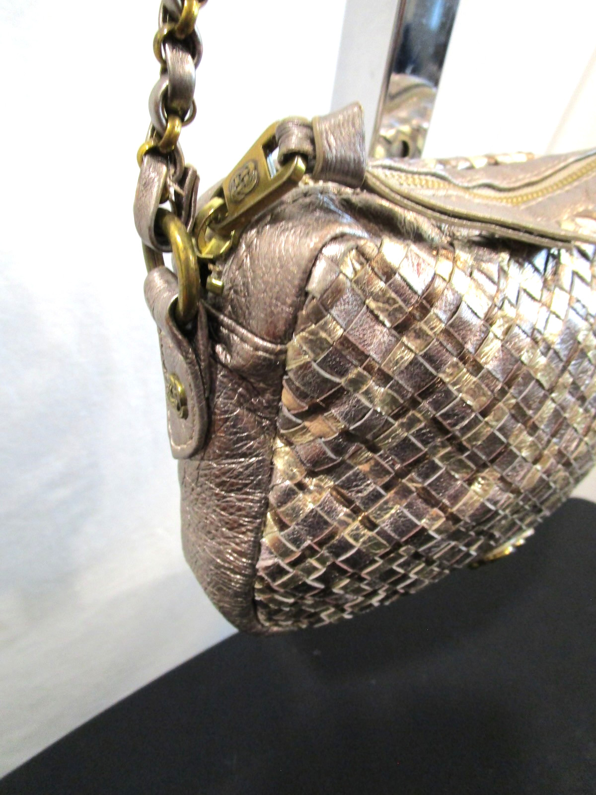 Elliott Lucca Small Silver, Gold Metallic Woven Leather Crossbody Purse