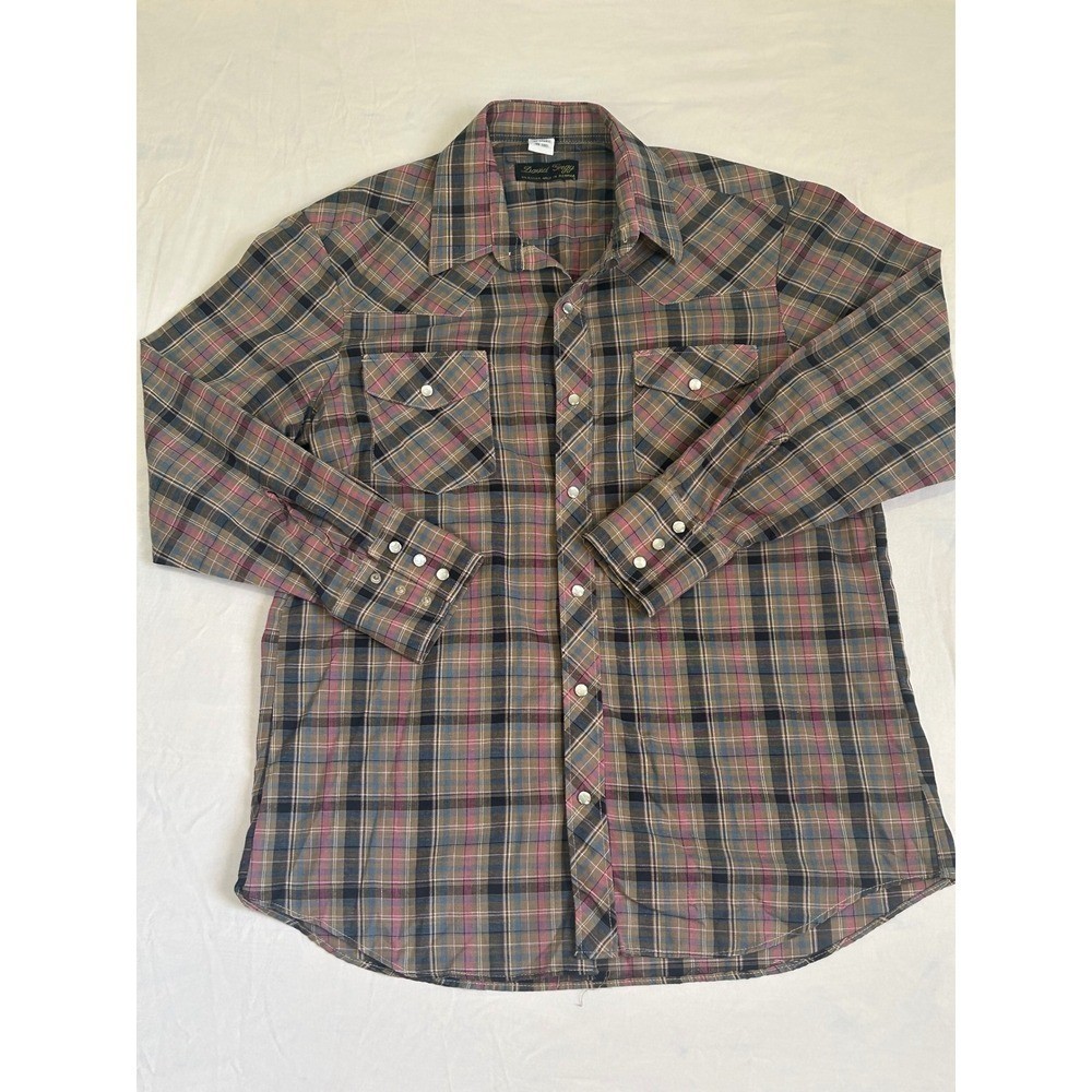 Vintage David Gregg Mens Pearl Snap Western Plaid Shirt Brown Pink L RN65085