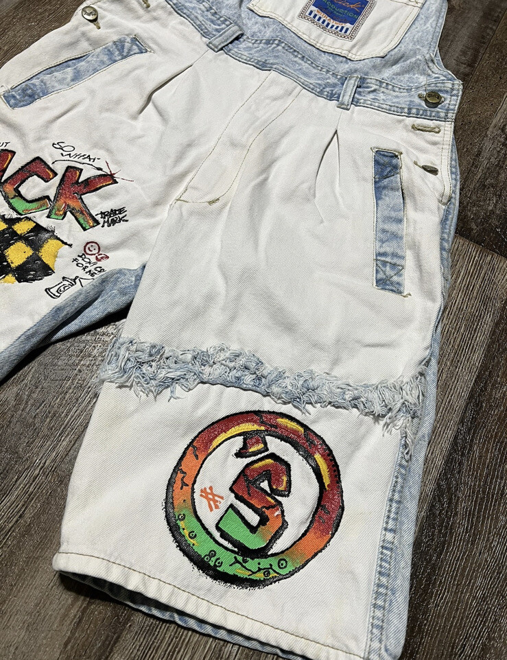 Vintage 90s SLICK Sportswear denim overalls Shorts Grunge Hip Hop Skate 80s Sz S