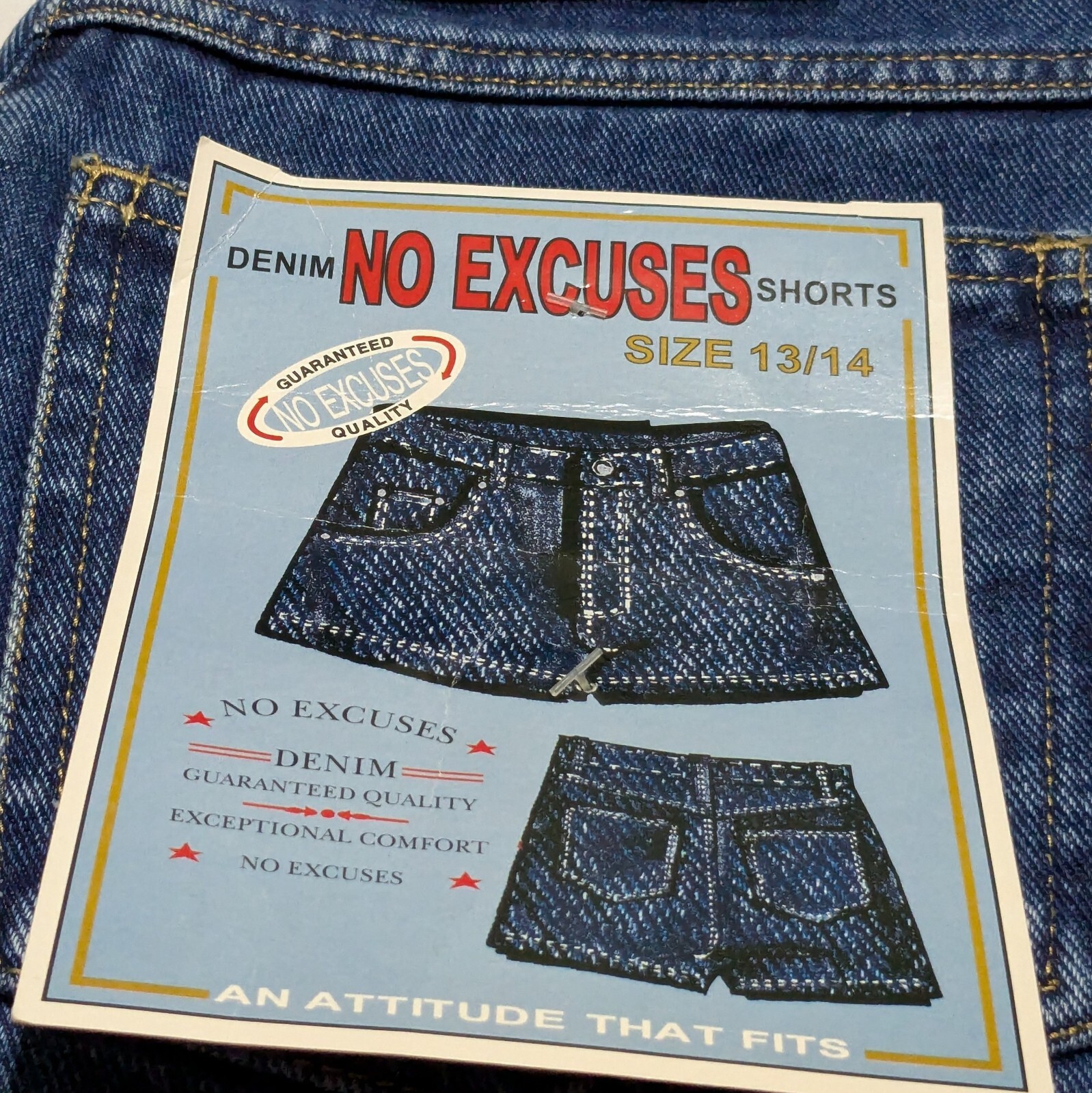 Vintage 90s NO EXCUSES High Rise Jean Shorts 13/14 (32×3) Blue Denim Raw Hem NWT