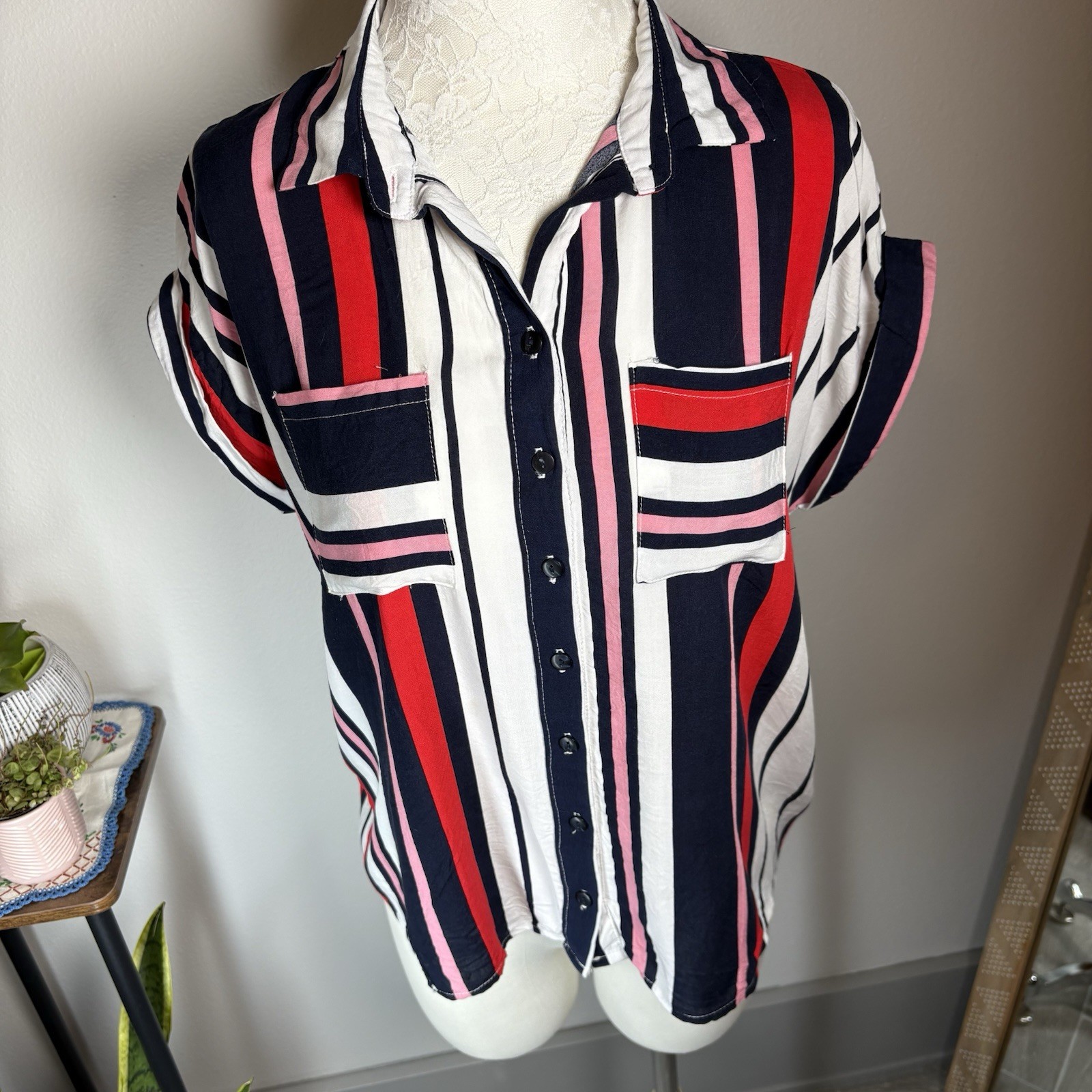 Love Notes Women’s Large ~ Red Pink Blue White Striped Button Up Blouse
