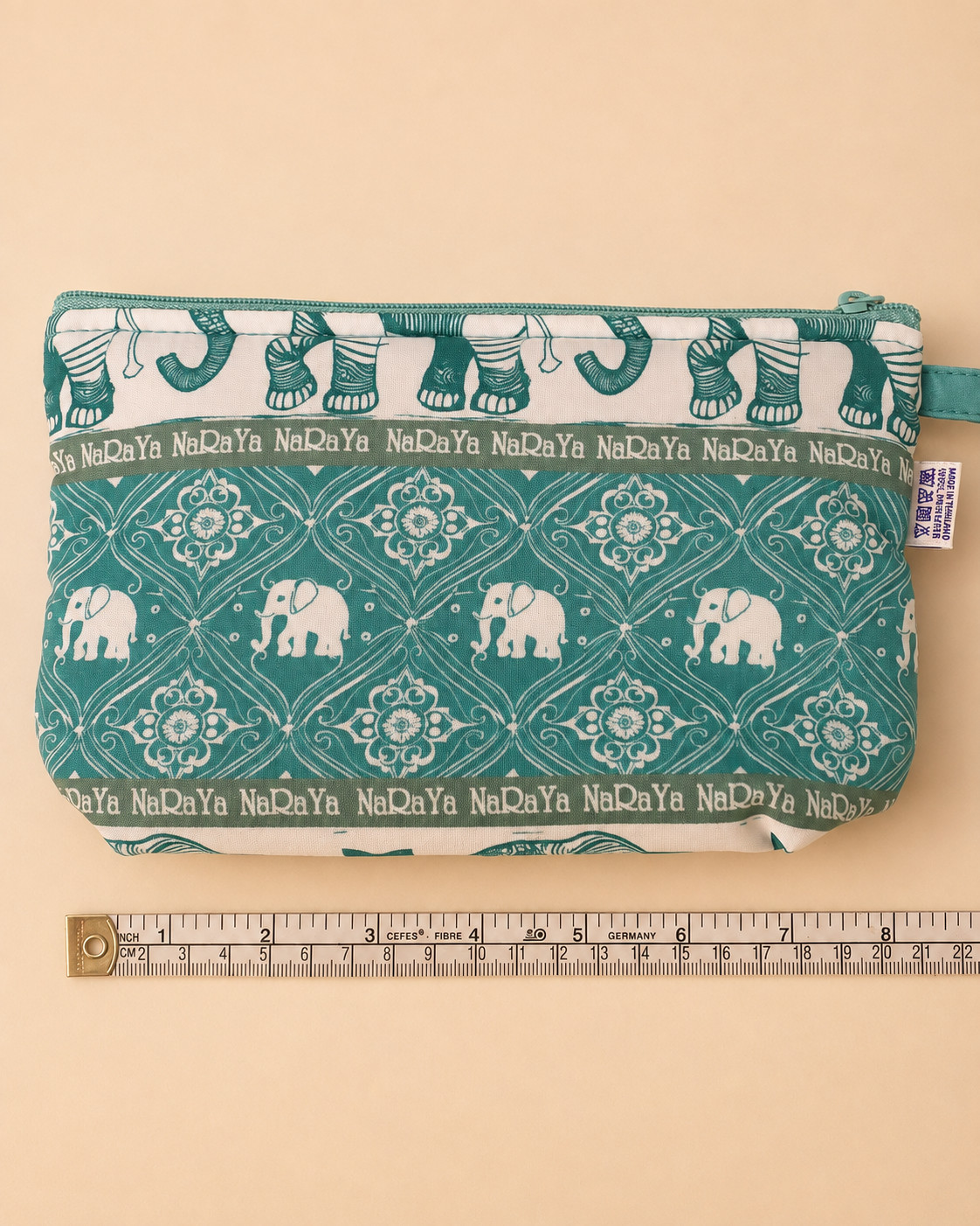 Authentic NaRaYa Elephant Print Cosmetic Bag Green Zip Pouch Thailan (Zipper)