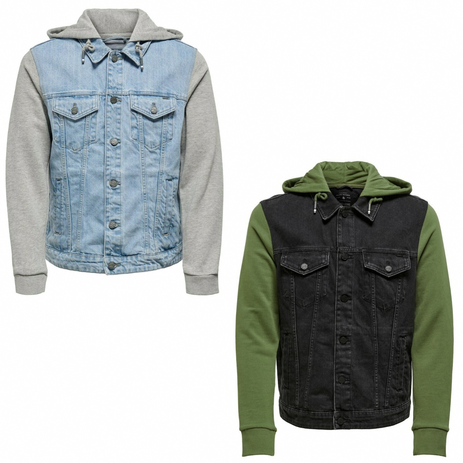 Only & Sons Mens Denim Hooded Sweatshirt Jacket Button Fleece Sleeve Blue Coat