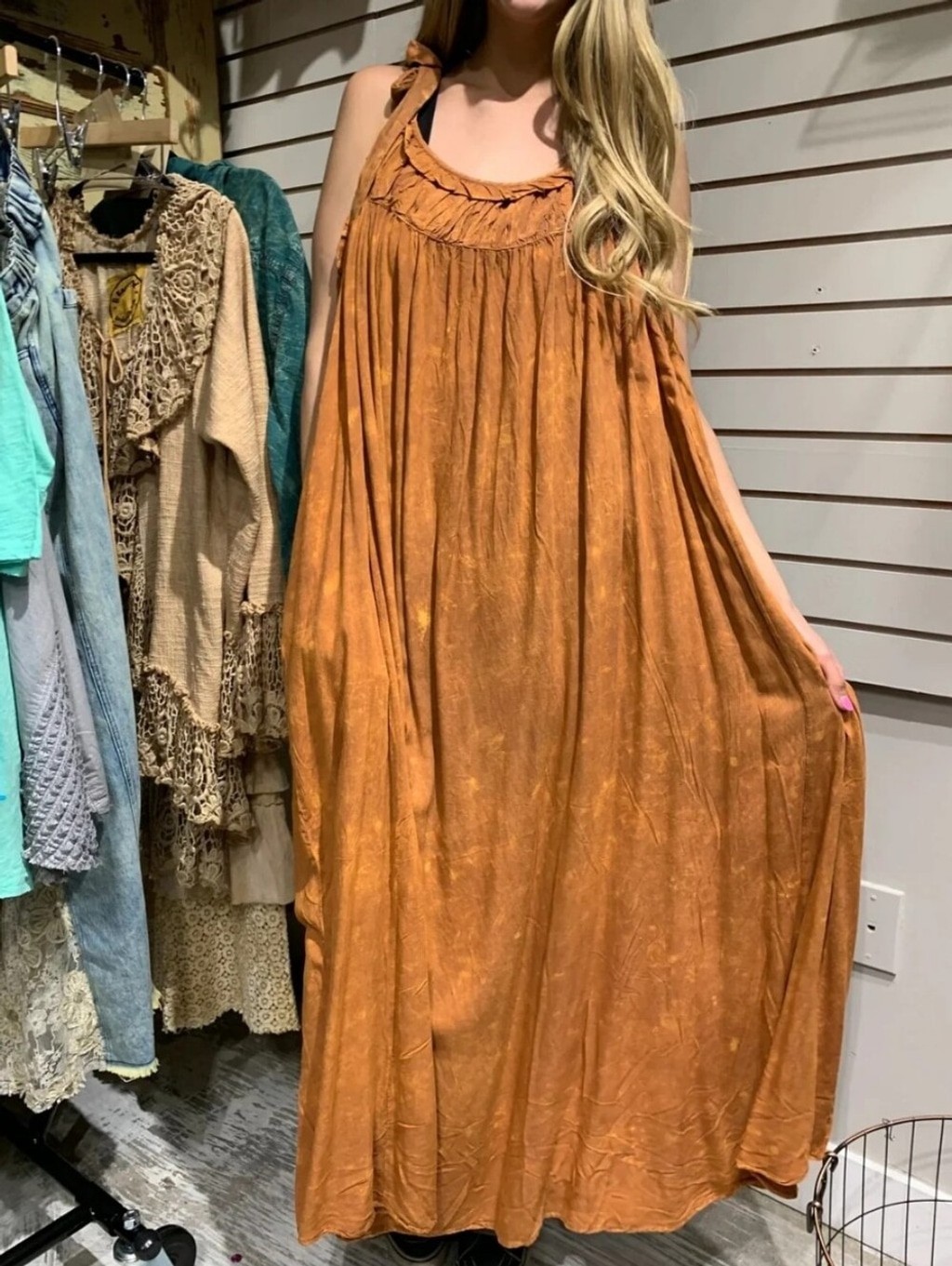 New A Rare Bird Boho Tie-Shoulder Maxi Dress in Rust