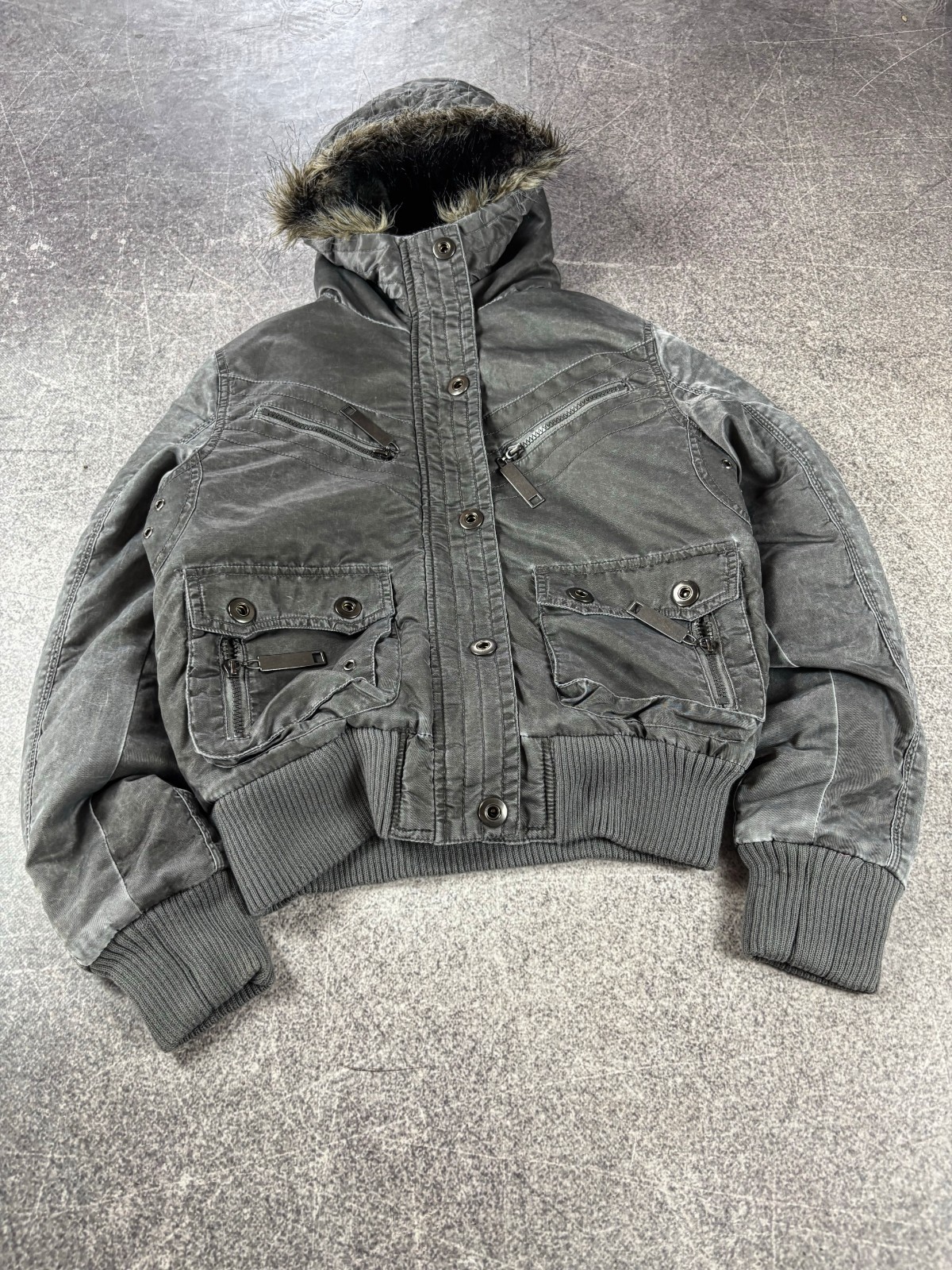 2000s Cropped Archive Washed Fur Hood Zip Bomber Jacket Y2K Streetwear CRAZY!
