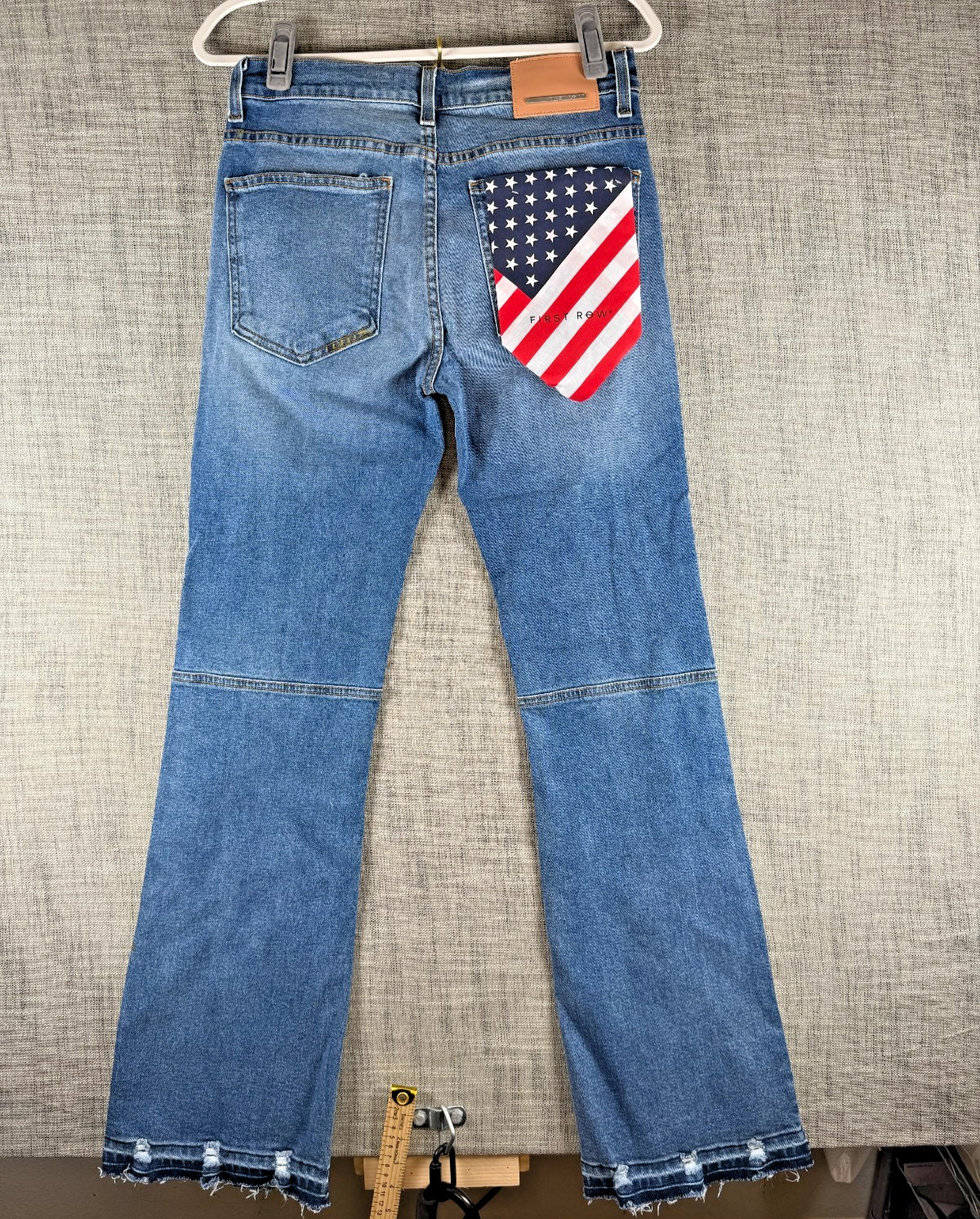 Size 30 x 33 – First Row Denim Paint Splatter Slim Flare Jeans Distressed Hems