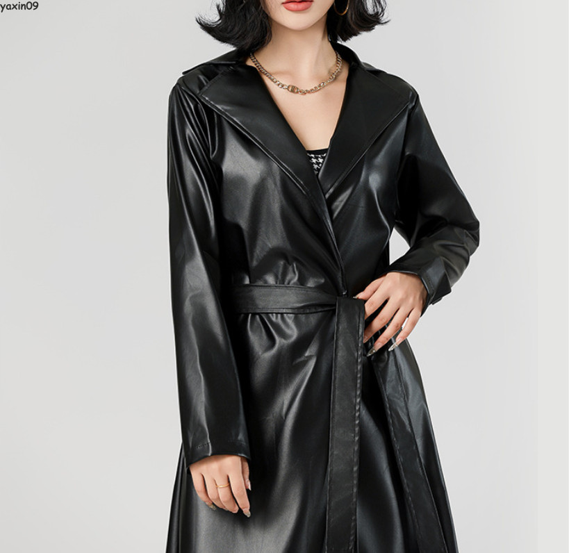 Women Trench Coat Long Loose Jacket Faux Leather Overcoat with Belt Long PU Coat